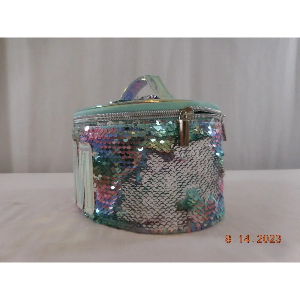 Girl's Justice Gold Flip Sequin Initial M Train Case Jewelry Makeup Case‎ Bag